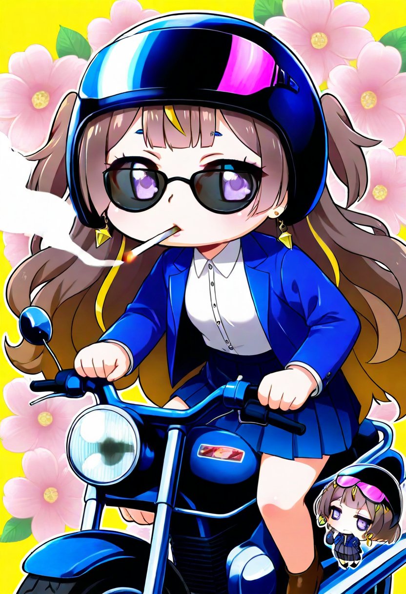 1girl, solo,((anya melfissa )), jewelry,  riding a motorbike, motorbike helmet,  .  skirt, smoke, jacket, chibi, sunglasses, ,   , earrings, shirt, cigarette, brown hair, smoking, looking at viewer, blue jacket, floral background, white shirt, pleated skirt, long sleeves, blue skirt,     , collared shirt, flower, open jacket, 