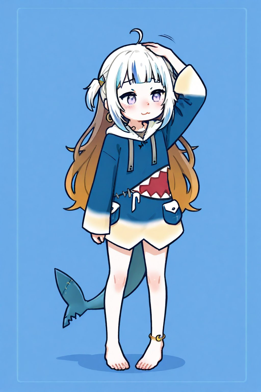  ,  ,((anya melfissa, gawr gura )),  (((2girl))),  , long hair, crescent, dress, barefoot,  head pat, headpatting,  very long hair, anklet, crescent earrings, blue background
, shark girl, white hair, blue highlight,  