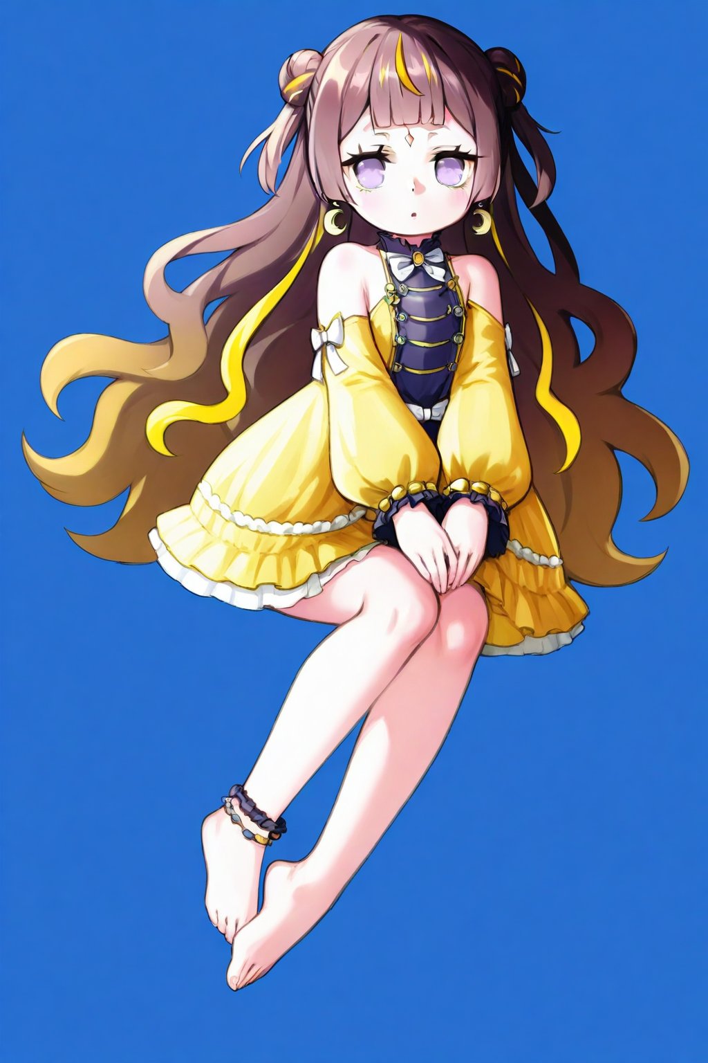 1girl, solo,((anya melfissa )),  1girl, solo, long hair, crescent, dress, barefoot, double bun, jewelry, , , forehead mark, yellow dress,  looking at viewer,  very long hair, anklet, crescent earrings, blue background
