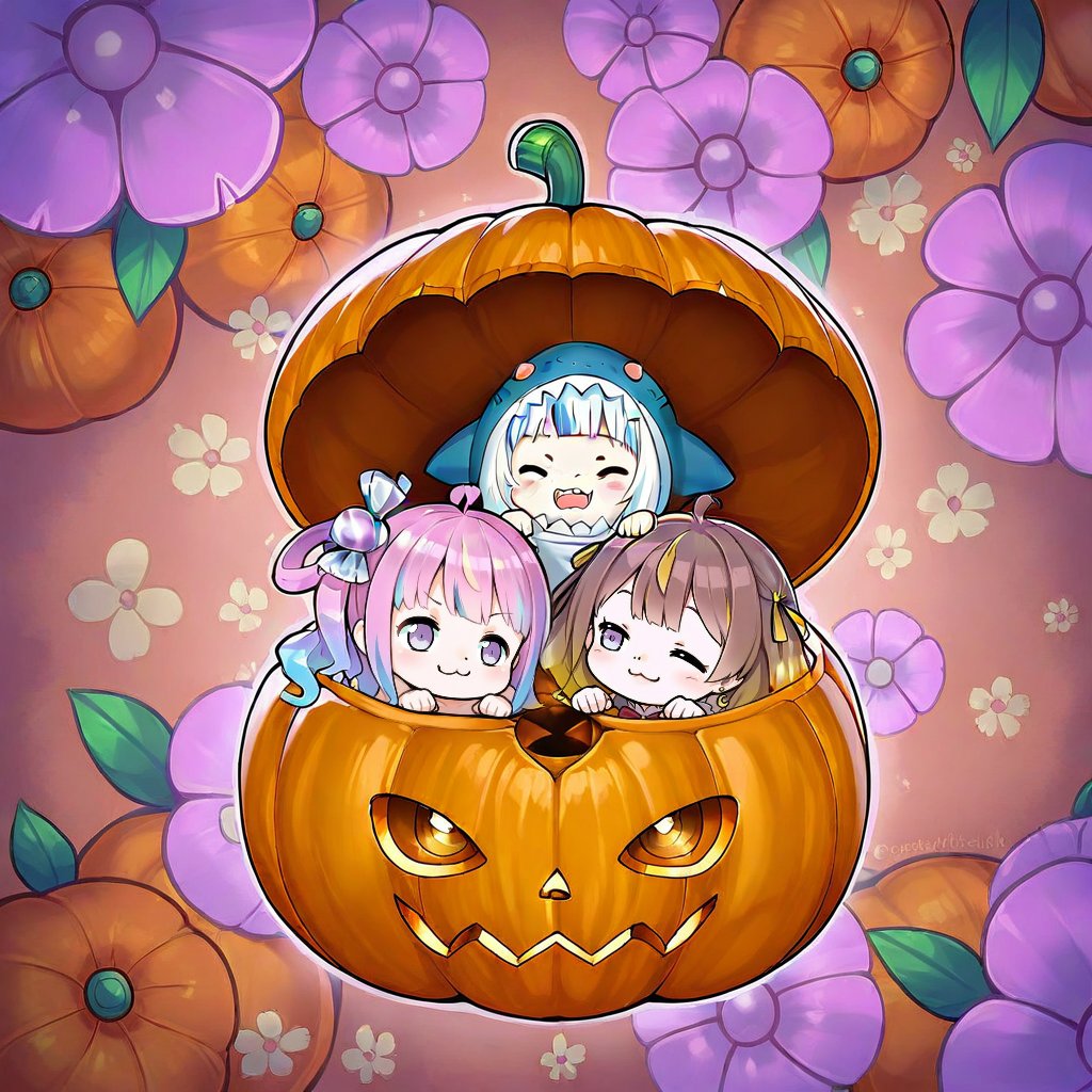 ((3girls )),  ,((anya melfissa, gawr gura, himemori luna )),  hallowen, pumpkin, inside an pumpkin, pumpkinshell, big pumpkin, cracked pumpkin, ,  :3, chibi, smug, happy,  floral background