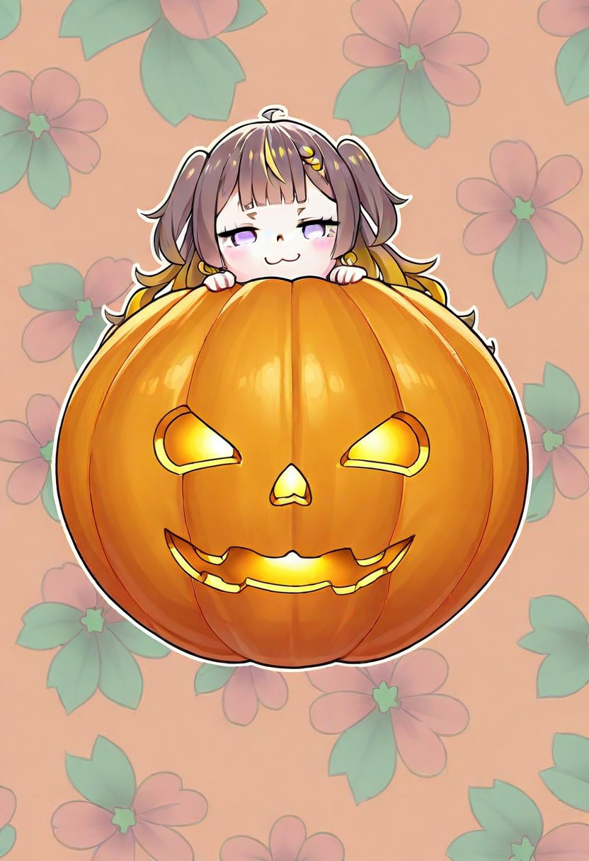 1girl, solo,((anya melfissa )),  hallowen, pumpkin, inside an pumpkin, pumpkinshell, big pumpkin, cracked pumpkin, ,  :3, chibi, smug, happy,  floral background