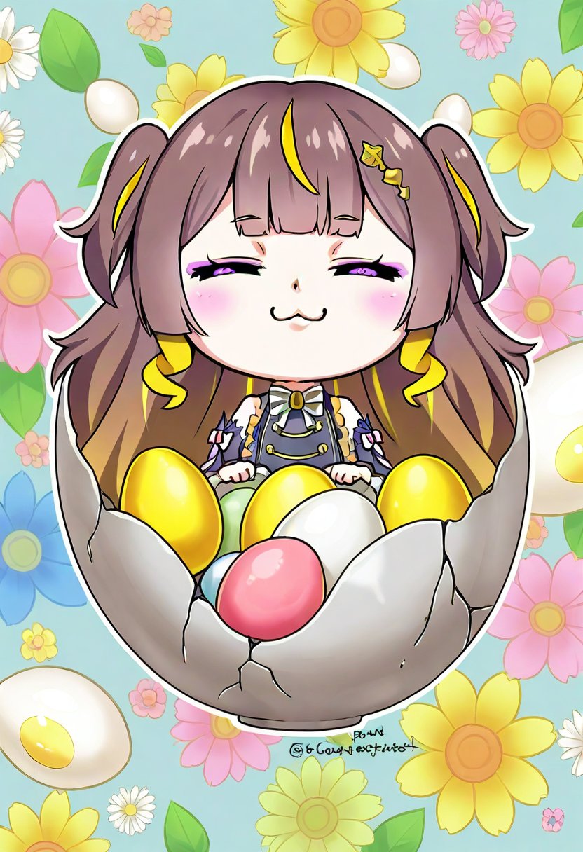 1girl, solo,((anya melfissa )),  egg, inside an egg, egg shell, big egg, cracked egg, eggcelent,  :3, chibi, smug, happy,  floral background