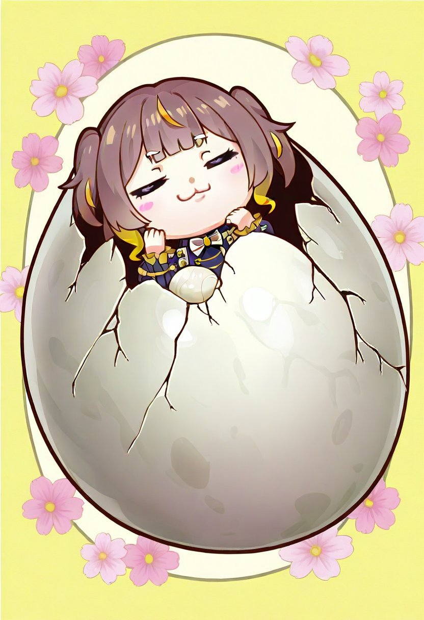 1girl, solo,((anya melfissa )),  egg, inside an egg, egg shell, big egg, cracked egg, eggcelent,  :3, chibi, smug, happy,  floral background