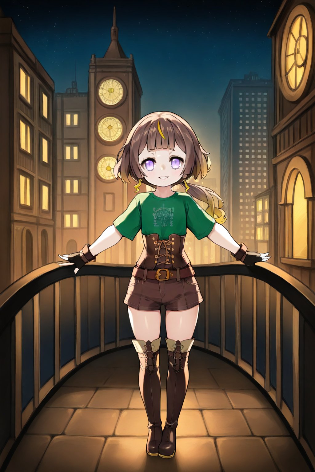 masterpiece, best quality, absurdres, perfect anatomy, ((anya melfissa )) purple eyes, brown hair,happy, smile, parted lips, low ponytail, green shirt, corset, belt, fingerless gloves, thigh boots flat chest, short_hair, gradient_hair, wide_shot, green_shirt, brown_shorts, night, city, steampunk,