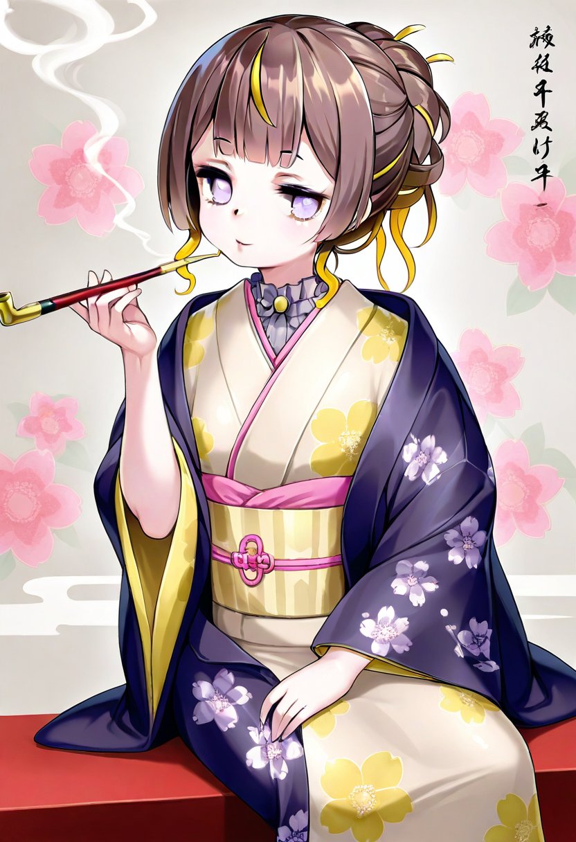 1girl, solo,((anya melfissa )), jewelry, , kimono, smoking pipe, sitting,  brown hair, smoking, looking at viewer,  floral background, 