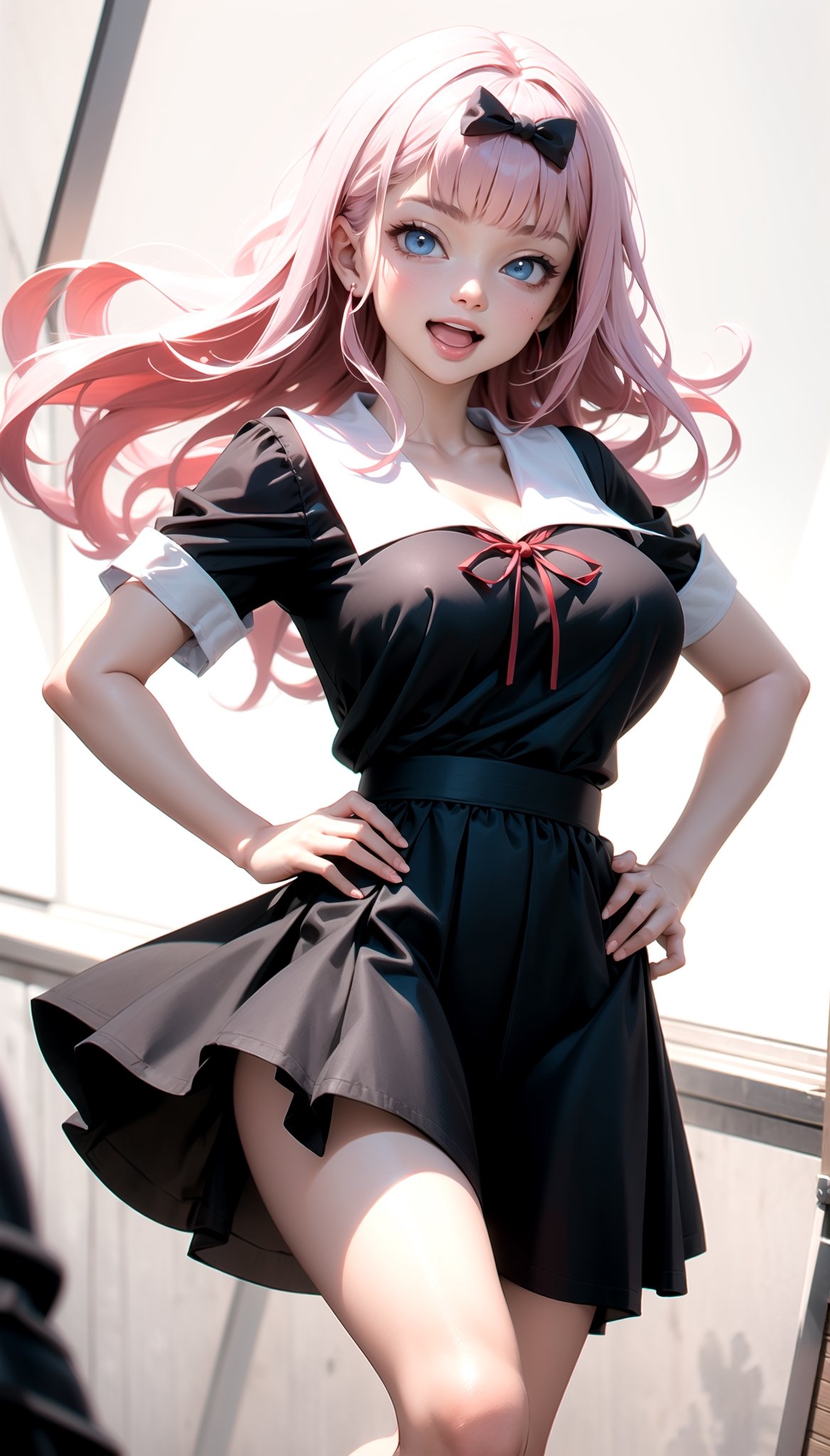 fujiwara_chika, bow, long hair, blunt bangs, black bow, hair bow, large breasts, dress, school uniform, shuuchiin academy school uniform, ribbon, black dress, collarbone, red ribbon, :d, generates an image of fujiwara dancing, hands on hips, ,Enhance