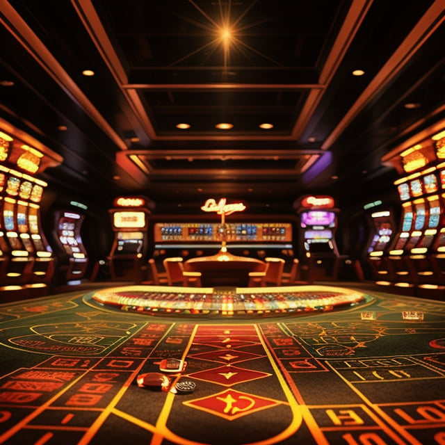 Here's a prompt based on your description:

Create an image of a luxurious casino bathed in a warm golden light. The scene is captured with a wide-angle lens, showcasing the grandeur of the room. Neon lights shine through windows, casting a brilliant glow on walls and ceiling. Decorative neon patterns dance across walls, while strips on the ceiling create a pervasive brightness. Vintage-style carpet featuring intricate patterns covers the floor, complementing the golden tone. At the center, a large gambling table stands out, surrounded by rows of slot machines flashing with colorful lights and sounds, and card tables awaiting their next game. The entire scene radiates luxury and splendor, a dazzling visual effect.