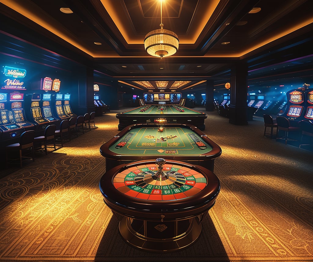 Here's a prompt based on your description:

Create an image of a luxurious casino bathed in a warm golden light. The scene is captured with a wide-angle lens, showcasing the grandeur of the room. Neon lights shine through windows, casting a brilliant glow on walls and ceiling. Decorative neon patterns dance across walls, while strips on the ceiling create a pervasive brightness. Vintage-style carpet featuring intricate patterns covers the floor, complementing the golden tone. At the center, a large gambling table stands out, surrounded by rows of slot machines flashing with colorful lights and sounds, and card tables awaiting their next game. The entire scene radiates luxury and splendor, a dazzling visual effect.