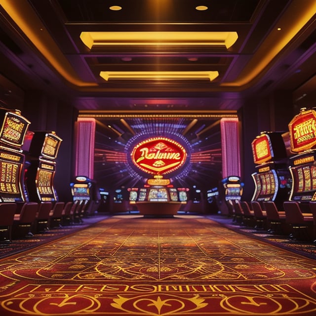 Here's a prompt based on your description:

Create an image of a luxurious casino bathed in a warm golden light. The scene is captured with a wide-angle lens, showcasing the grandeur of the room. Neon lights shine through windows, casting a brilliant glow on walls and ceiling. Decorative neon patterns dance across walls, while strips on the ceiling create a pervasive brightness. Vintage-style carpet featuring intricate patterns covers the floor, complementing the golden tone. At the center, a large gambling table stands out, surrounded by rows of slot machines flashing with colorful lights and sounds, and card tables awaiting their next game. The entire scene radiates luxury and splendor, a dazzling visual effect.