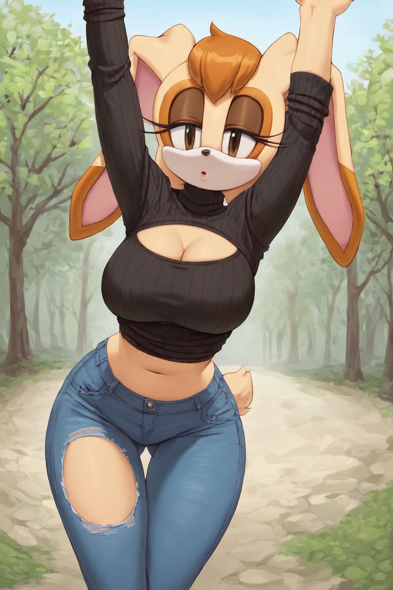 score_9, score_8_up, score_7_up, score_6_up, score_5_up, score_4_up, (Source sonic), (rating safe), vanilla the rabbit, 1girl, solo, outside, wearing blue jeans,  black sweater, shirt cutout, large breasts, brown eyes, looking at viewer, standing, outside, trees, fall weather,  , wide hips, rabbit girl, short hair, body fur, dynamic pose, anime style,flashing belly,cammystretch, stretching,leaning forward,arms up