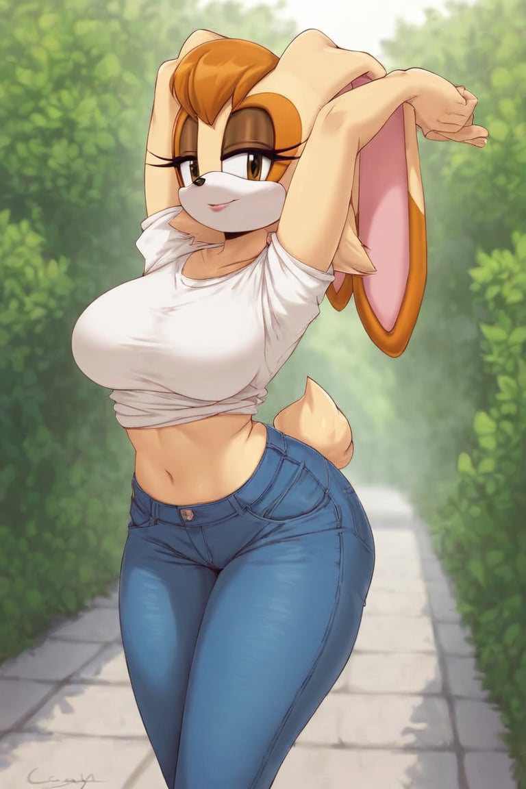 score_9, score_8_up, score_7_up, score_6_up, score_5_up, score_4_up, (Source sonic), (rating safe), vanilla the rabbit, 1girl, solo, outside, wearing blue jeans, white shirt, jacket, large breasts, brown eyes, looking at viewer, standing, outside, trees, fall weather,  , wide hips, rabbit girl, short hair, body fur, hands on hips, anime style,cammystretch, stretching,leaning forward,arms up,flashing belly,stomach_punch