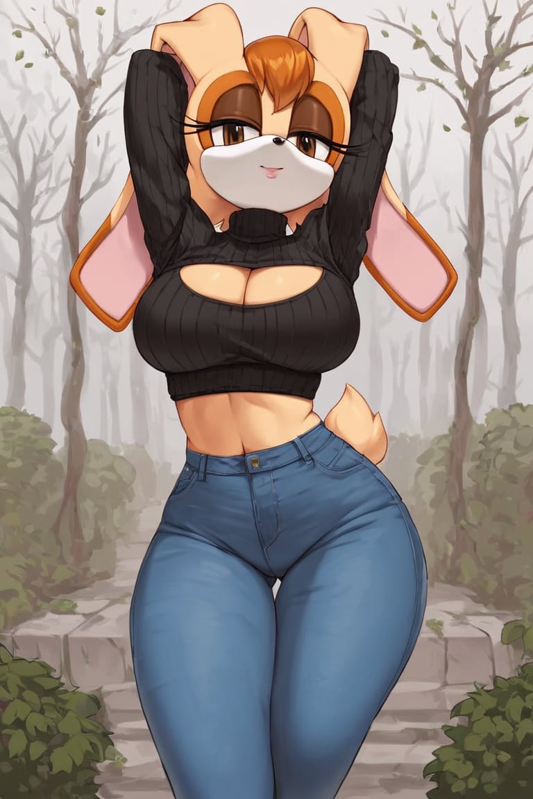 score_9, score_8_up, score_7_up, score_6_up, score_5_up, score_4_up, (Source sonic), (rating safe), vanilla the rabbit, 1girl, solo, outside, wearing blue jeans,  black sweater, shirt cutout, large breasts, brown eyes, looking at viewer, standing, outside, trees, fall weather,  , wide hips, rabbit girl, short hair, body fur, dynamic pose, anime style,flashing belly,cammystretch, stretching,leaning forward,arms up