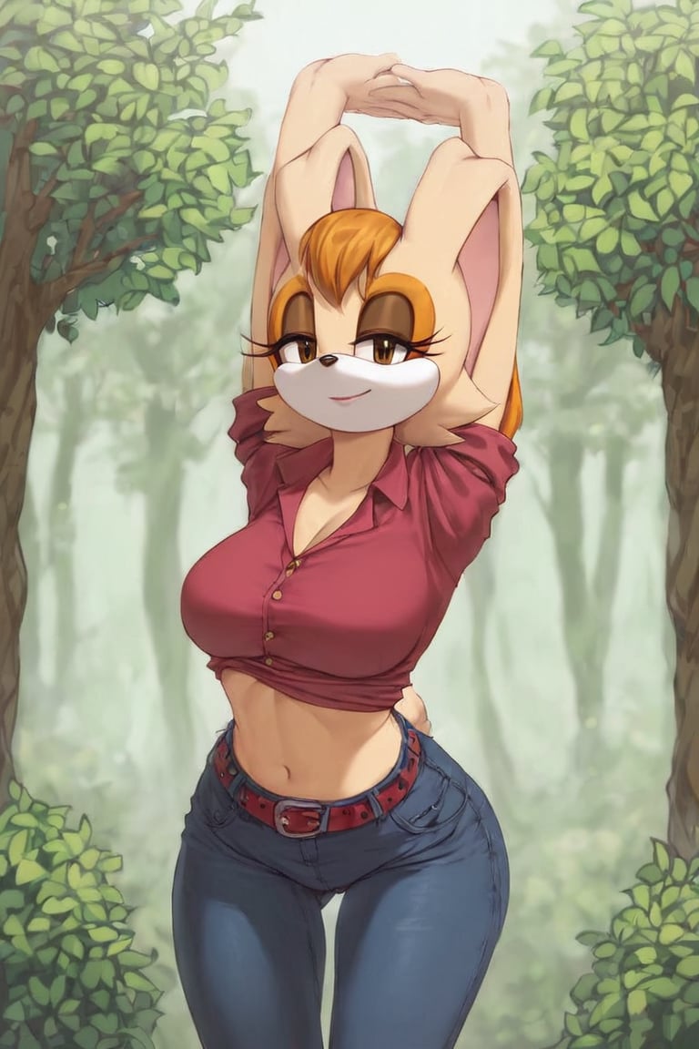 score_9, score_8_up, score_7_up, score_6_up, score_5_up, score_4_up, (Source sonic), (rating safe), vanilla the rabbit, 1girl, solo, outside, wearing black jeans, mustard shirt, jacket, large breasts, brown eyes, looking at viewer, standing, outside, trees, fall weather,  , wide hips, rabbit girl, short hair, body fur, hands on hips, anime style,flashing belly,cammystretch, stretching,leaning forward,arms up,stomach_punch,skirt,belt