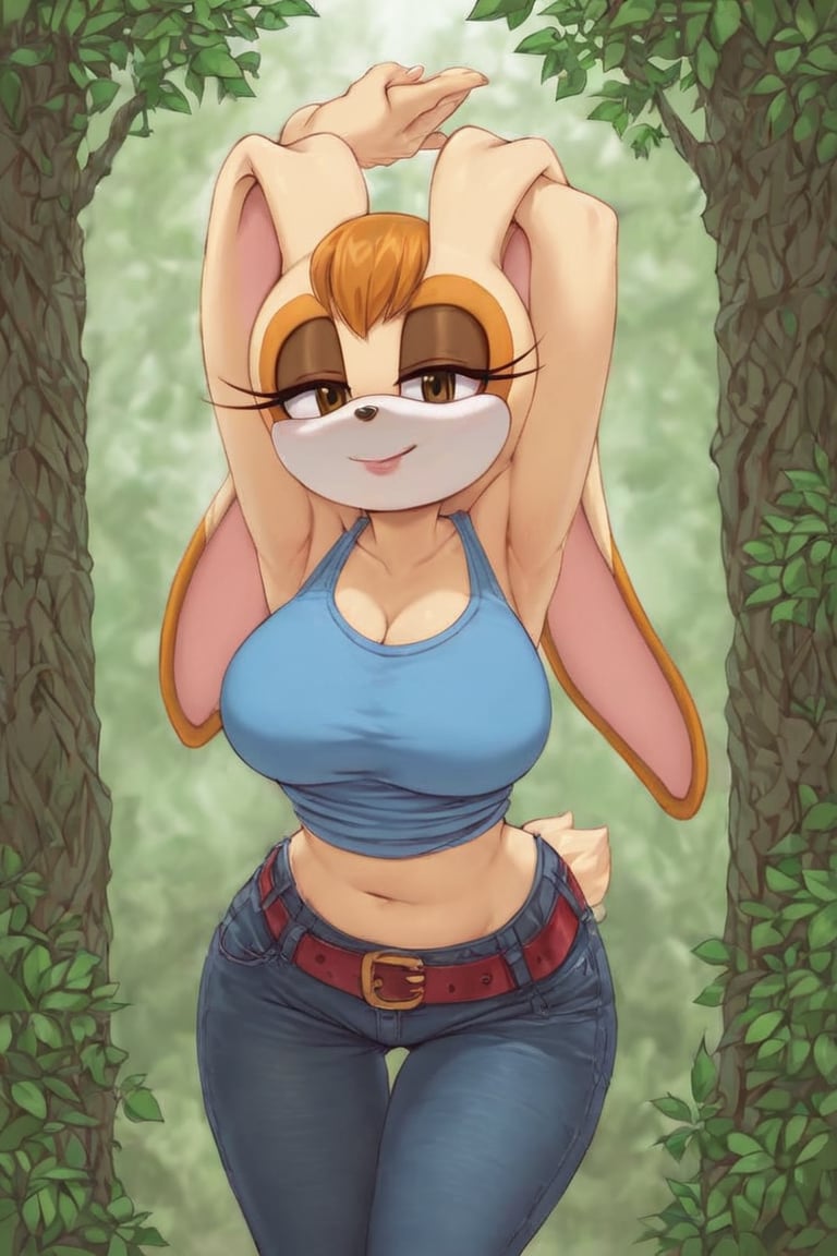 score_9, score_8_up, score_7_up, score_6_up, score_5_up, score_4_up, (Source sonic), (rating safe), vanilla the rabbit, 1girl, solo, outside, wearing black jeans, lilac shirt, jacket, large breasts, brown eyes, looking at viewer, standing, outside, trees, fall weather,  , wide hips, rabbit girl, short hair, body fur, hands on hips, anime style,flashing belly,cammystretch, stretching,leaning forward,arms up,stomach_punch,skirt,belt