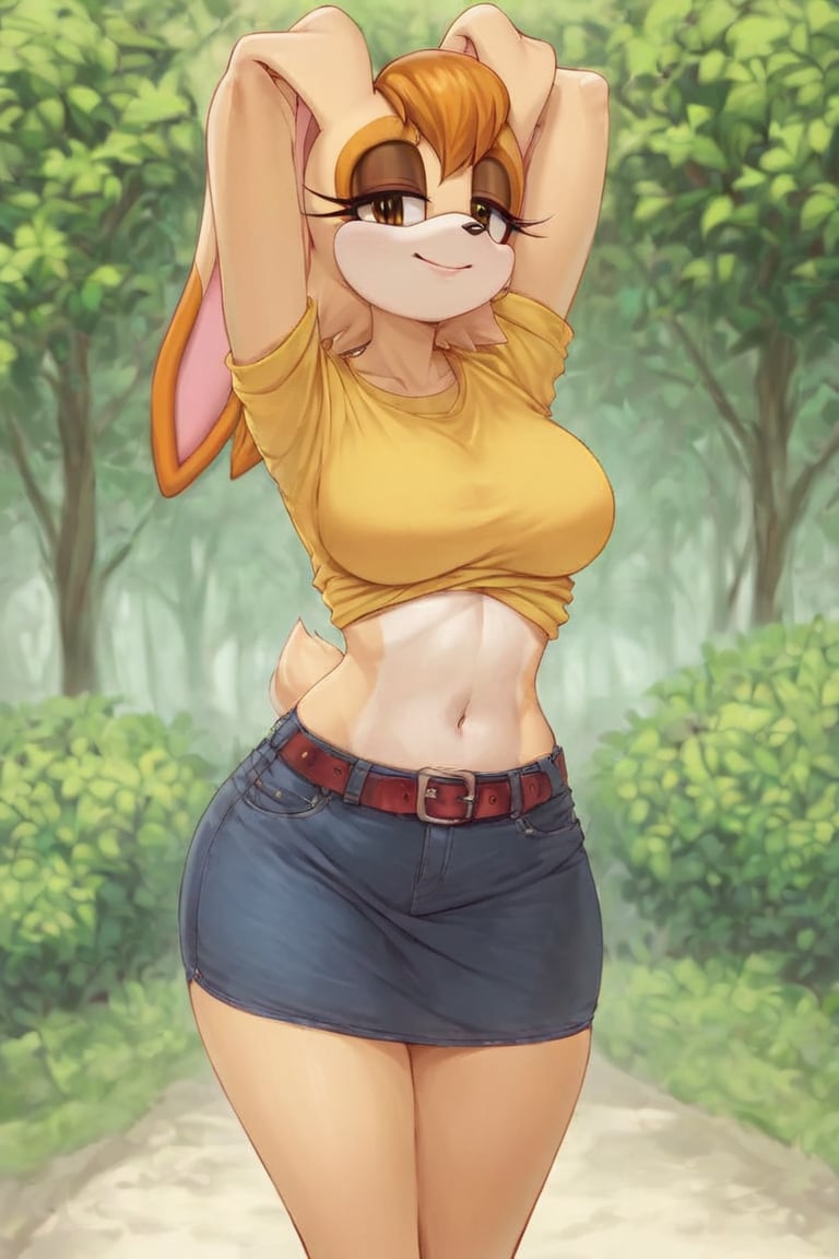 score_9, score_8_up, score_7_up, score_6_up, score_5_up, score_4_up, (Source sonic), (rating safe), vanilla the rabbit, 1girl, solo, outside, wearing black jeans, golden shirt, jacket, large breasts, brown eyes, looking at viewer, standing, outside, trees, fall weather,  , wide hips, rabbit girl, short hair, body fur, hands on hips, anime style,flashing belly,cammystretch, stretching,leaning forward,arms up,stomach_punch,skirt,belt