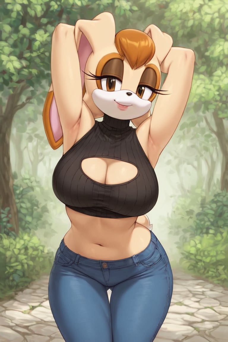 score_9, score_8_up, score_7_up, score_6_up, score_5_up, score_4_up, (Source sonic), (rating safe), vanilla the rabbit, 1girl, solo, outside, wearing blue jeans,  black sweater, shirt cutout, large breasts, brown eyes, looking at viewer, standing, outside, trees, fall weather,  , wide hips, rabbit girl, short hair, body fur, dynamic pose, anime style,flashing belly,cammystretch, stretching,leaning forward,arms up