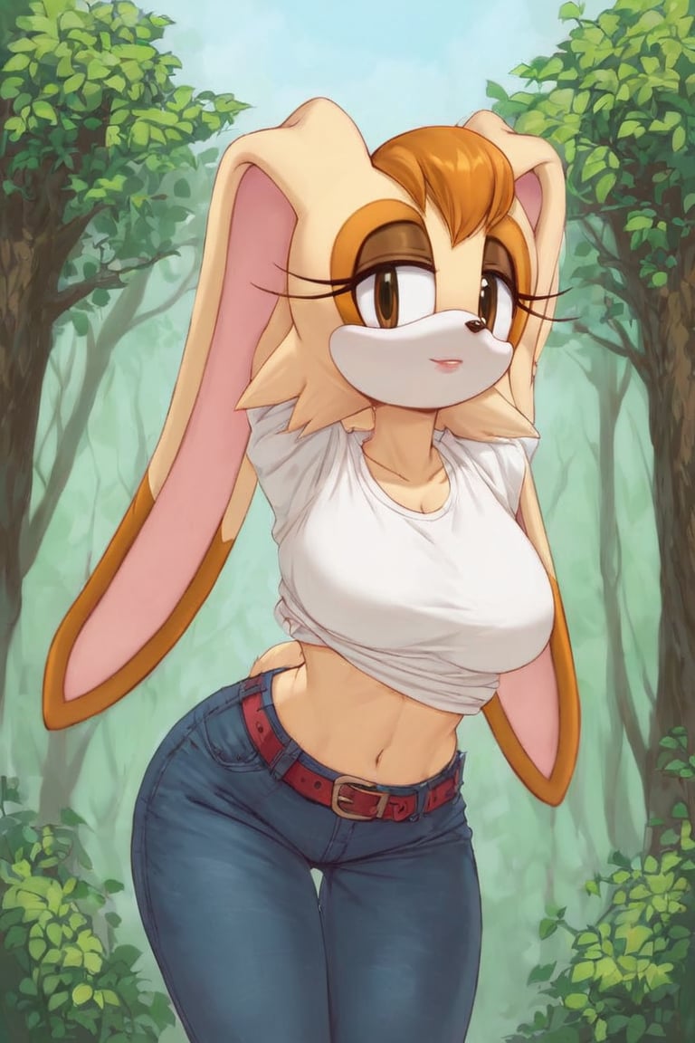 score_9, score_8_up, score_7_up, score_6_up, score_5_up, score_4_up, (Source sonic), (rating safe), vanilla the rabbit, 1girl, solo, outside, wearing black jeans, white shirt, jacket, large breasts, brown eyes, looking at viewer, standing, outside, trees, fall weather,  , wide hips, rabbit girl, short hair, body fur, hands on hips, anime style,flashing belly,cammystretch, stretching,leaning forward,arms up,stomach_punch,skirt,belt