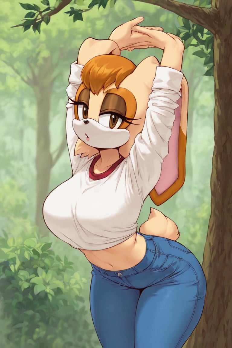 score_9, score_8_up, score_7_up, score_6_up, score_5_up, score_4_up, (Source sonic), (rating safe), vanilla the rabbit, 1girl, solo, outside, wearing blue jeans, white shirt, jacket, large breasts, brown eyes, looking at viewer, standing, outside, trees, fall weather,  , wide hips, rabbit girl, short hair, body fur, hands on hips, anime style,cammystretch, stretching,leaning forward,arms up,flashing belly,stomach_punch