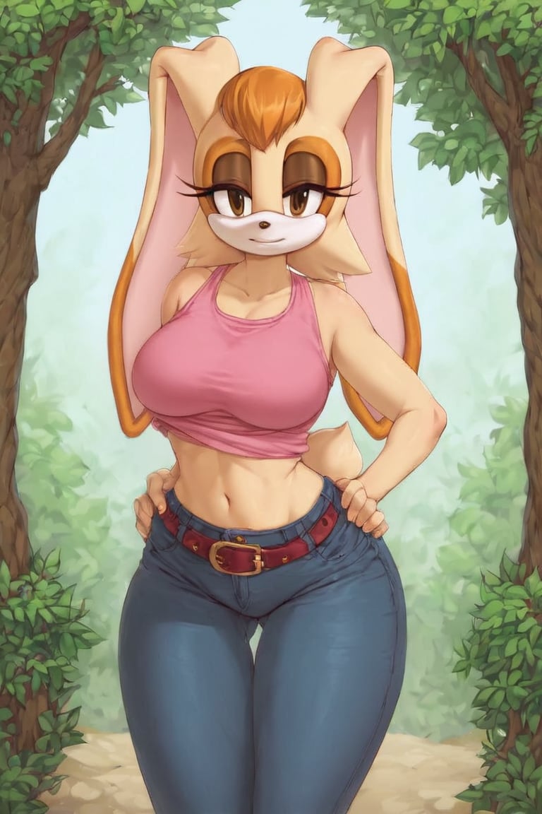 score_9, score_8_up, score_7_up, score_6_up, score_5_up, score_4_up, (Source sonic), (rating safe), vanilla the rabbit, 1girl, solo, outside, wearing black jeans, pink shirt, jacket, large breasts, brown eyes, looking at viewer, standing, outside, trees, fall weather,  , wide hips, rabbit girl, short hair, body fur, hands on hips, anime style,flashing belly,cammystretch, stretching,leaning forward,arms up,stomach_punch,skirt,belt