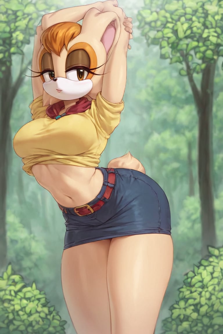 score_9, score_8_up, score_7_up, score_6_up, score_5_up, score_4_up, (Source sonic), (rating safe), vanilla the rabbit, 1girl, solo, outside, wearing black jeans, golden shirt, jacket, large breasts, brown eyes, looking at viewer, standing, outside, trees, fall weather,  , wide hips, rabbit girl, short hair, body fur, hands on hips, anime style,flashing belly,cammystretch, stretching,leaning forward,arms up,stomach_punch,skirt,belt