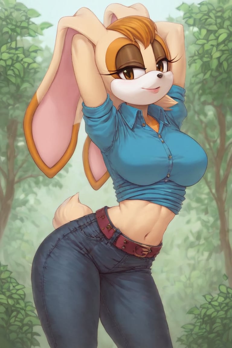 score_9, score_8_up, score_7_up, score_6_up, score_5_up, score_4_up, (Source sonic), (rating safe), vanilla the rabbit, 1girl, solo, outside, wearing black jeans, turquoise shirt, jacket, large breasts, brown eyes, looking at viewer, standing, outside, trees, fall weather,  , wide hips, rabbit girl, short hair, body fur, hands on hips, anime style,flashing belly,cammystretch, stretching,leaning forward,arms up,stomach_punch,skirt,belt