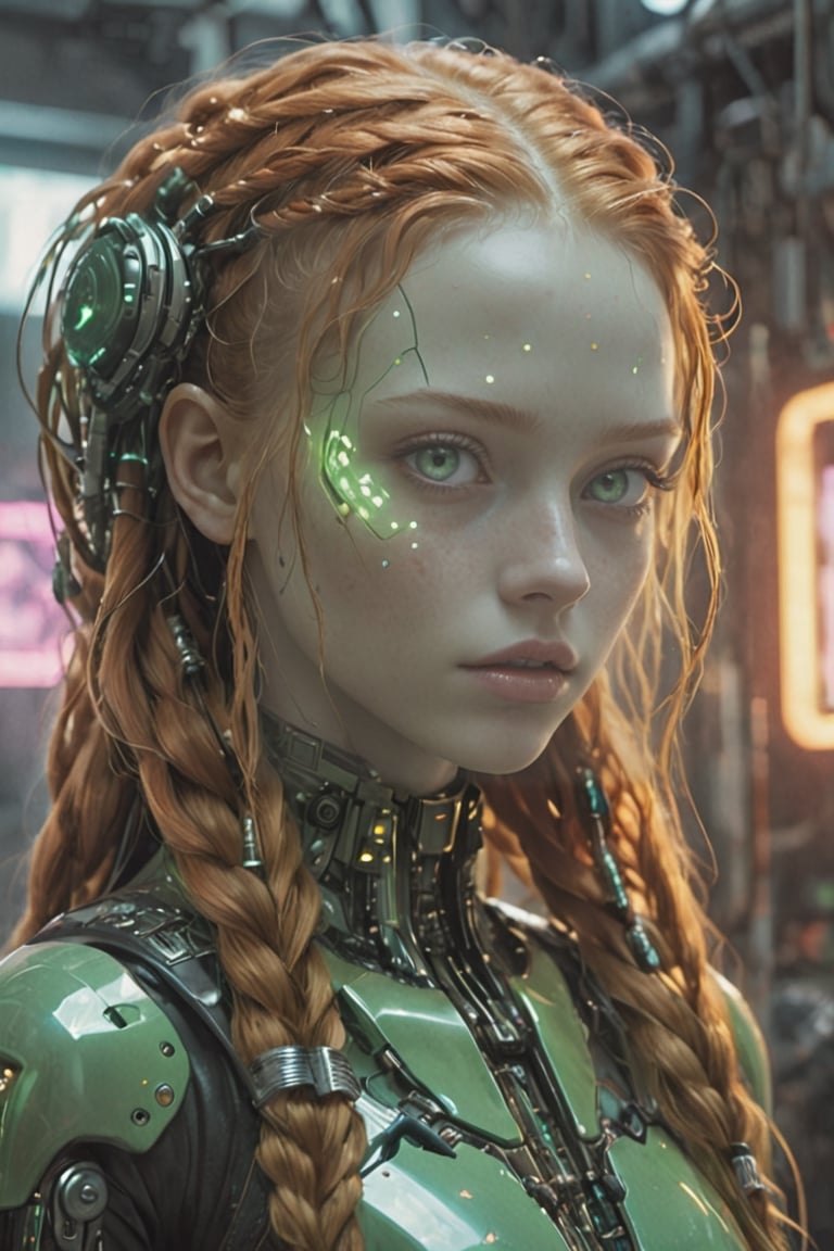 Amidst the neon-soaked dystopian laboratory,  a cyberpunk android takes center stage. Its visage eerily mirrors that of a...
