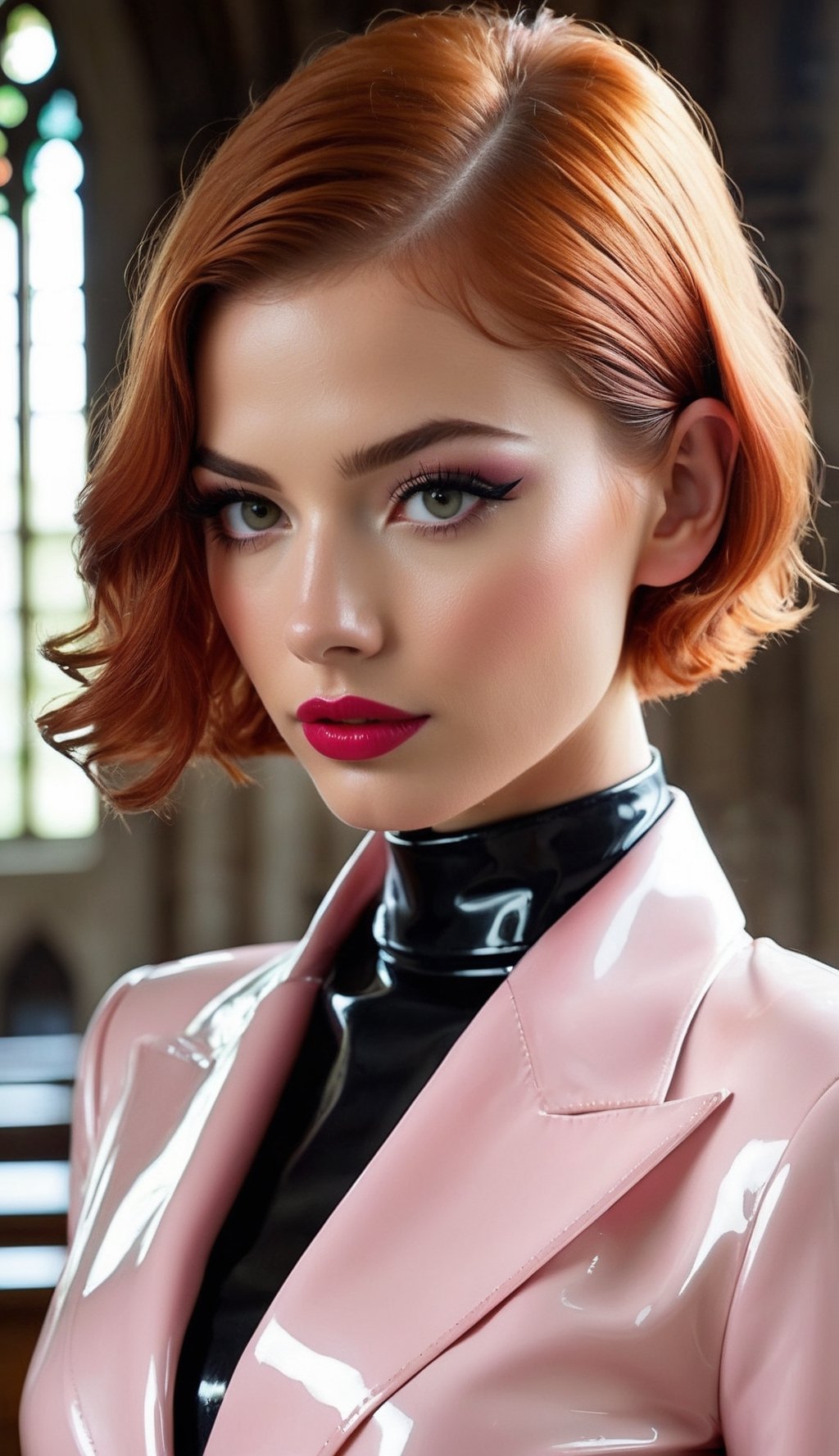 low-key photo of a skinny flat-chested breathtaking beautiful fetish-supermodel,20 years old, collared, wearing skintight wet-glossy latex schoolgirl-suit, (glossy red lipstick, pink eyeshadow, elongated eyeliner:1.3),  (amber eyes. skinny, ginger curly bob:1.2),  petite,  posing in a abandoned church