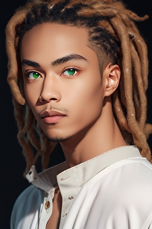 biracial man with green eyes and dreadlocks
