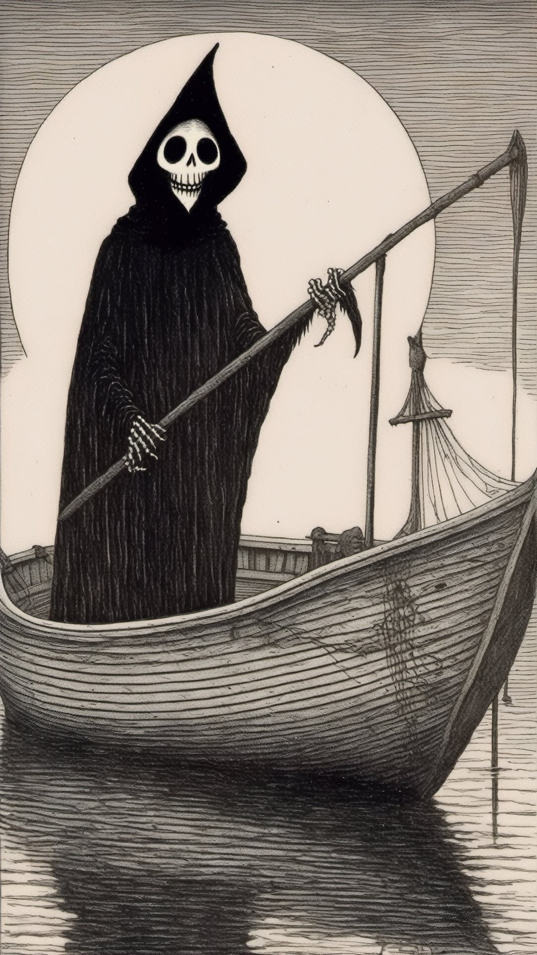 Edward Gorey Style - Edward Gorey Very creepy 8K Grim reaper fishing for hearts on a boat