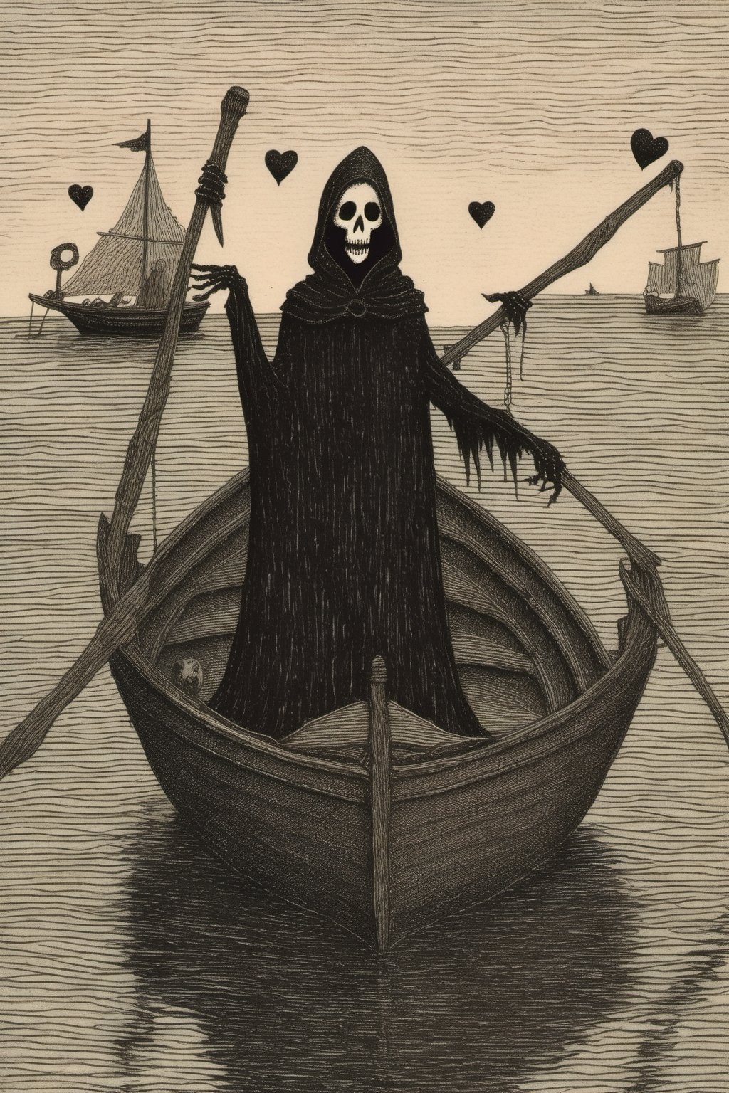 Edward Gorey Style - Edward Gorey Very creepy 8K Grim reaper fishing for hearts on a boat