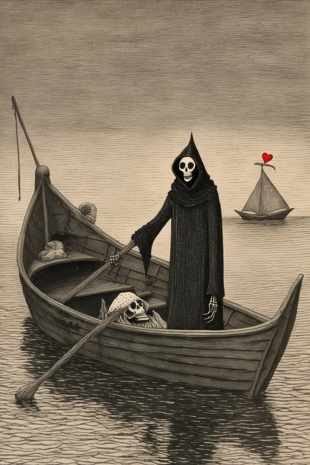 Edward Gorey Style - Edward Gorey Very creepy 8K Grim reaper fishing for hearts on a boat