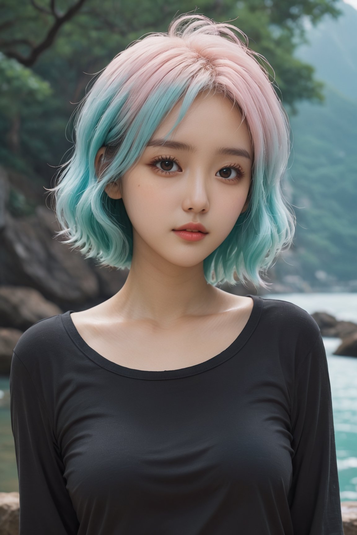 HONG KONG Girl ((September Ai)) with brown colour skin, AQUA short messy hair, 

A girl , with a dreamy background scene, black clothes, light pink hair
