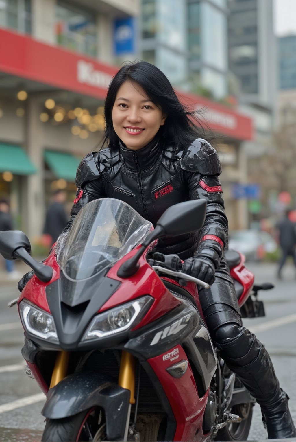 a cyborg girl in mecha armor,20yo,black and red colored armor,neon light lines glowing,exquisite face,soft shiny skin,long hair blowing, pretty smile,riding kawasaki ninja h2r at high speed,city street backdrop,puddles,dynamic pose,focused expression,realistic,detailed,masterpiece,best quality,sharp focus,high contrast,rule of thirds,depth of perspective,trending on artstation,award-winning photo,chiaroscuro lighting,ek_g1rl_02,ek_art_b00ster,ttthangf