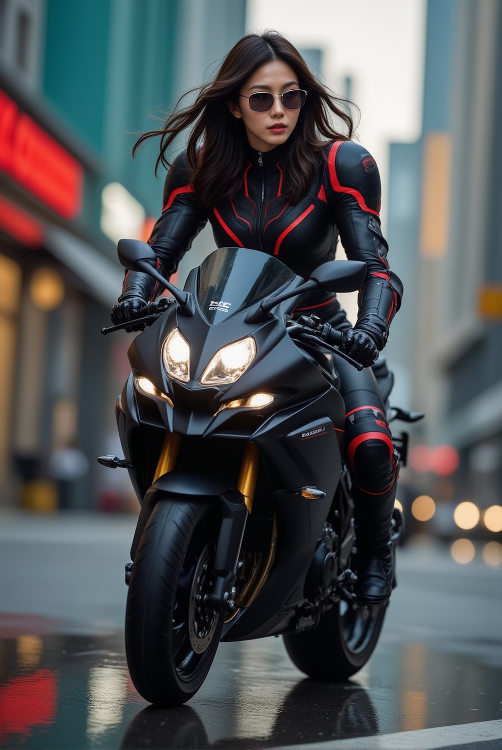 a cyborg girl in mecha armor,20yo,black and red colored armor,neon light lines glowing,exquisite face,soft shiny skin,long hair blowing,sunglasses,riding kawasaki ninja h2r at high speed,city street backdrop,puddles,dynamic pose,focused expression,realistic,detailed,masterpiece,best quality,sharp focus,high contrast,rule of thirds,depth of perspective,trending on artstation,award-winning photo,chiaroscuro lighting,ek_g1rl_02,ek_art_b00ster