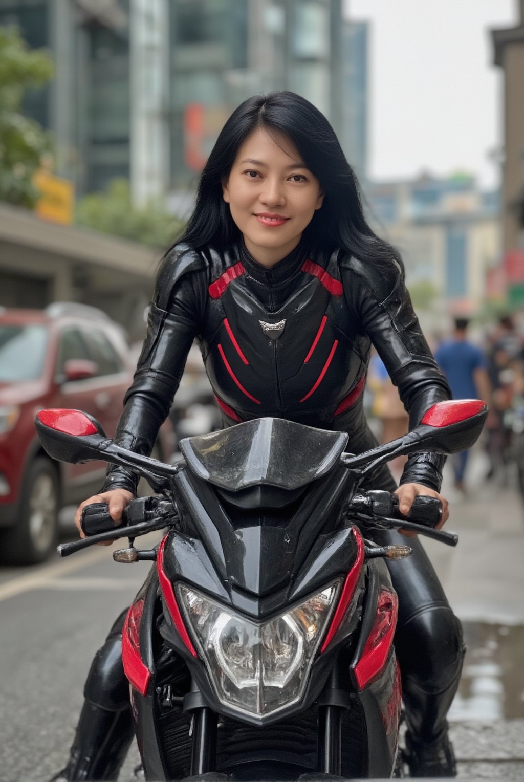 a cyborg girl in mecha armor,20yo,black and red colored armor,neon light lines glowing,exquisite face,soft shiny skin,long hair blowing, pretty smile,riding kawasaki ninja h2r at high speed,city street backdrop,puddles,dynamic pose,focused expression,realistic,detailed,masterpiece,best quality,sharp focus,high contrast,rule of thirds,depth of perspective,trending on artstation,award-winning photo,chiaroscuro lighting,ek_g1rl_02,ek_art_b00ster,ttthangf