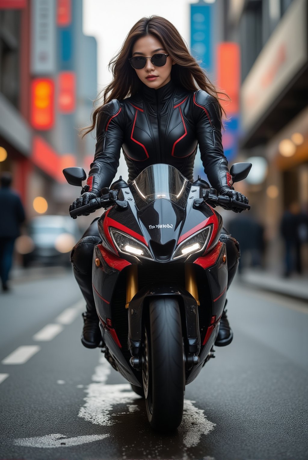 a cyborg girl in mecha armor,20yo,black and red colored armor,neon light lines glowing,exquisite face,soft shiny skin,long hair blowing,sunglasses,riding kawasaki ninja h2r at high speed,city street backdrop,puddles,dynamic pose,focused expression,realistic,detailed,masterpiece,best quality,sharp focus,high contrast,rule of thirds,depth of perspective,trending on artstation,award-winning photo,chiaroscuro lighting,ek_g1rl_02,ek_art_b00ster