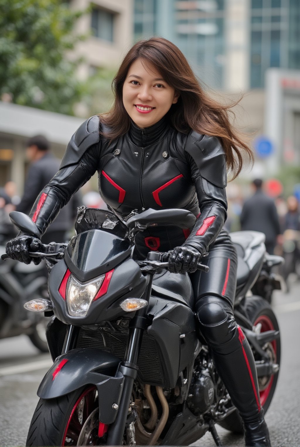 a cyborg girl in mecha armor,20yo,black and red colored armor,neon light lines glowing,exquisite face,soft shiny skin,long hair blowing, pretty smile,riding kawasaki ninja h2r at high speed,city street backdrop,puddles,dynamic pose,focused expression,realistic,detailed,masterpiece,best quality,sharp focus,high contrast,rule of thirds,depth of perspective,trending on artstation,award-winning photo,chiaroscuro lighting,ek_g1rl_02,ek_art_b00ster,ttthangf