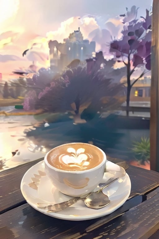 Tasa con cafe, violeta, con plato, sobre mesa blanca, cuchara pequeña dorada, libreta mediana y ventana al amanecer de jardin con flores,LatteArt