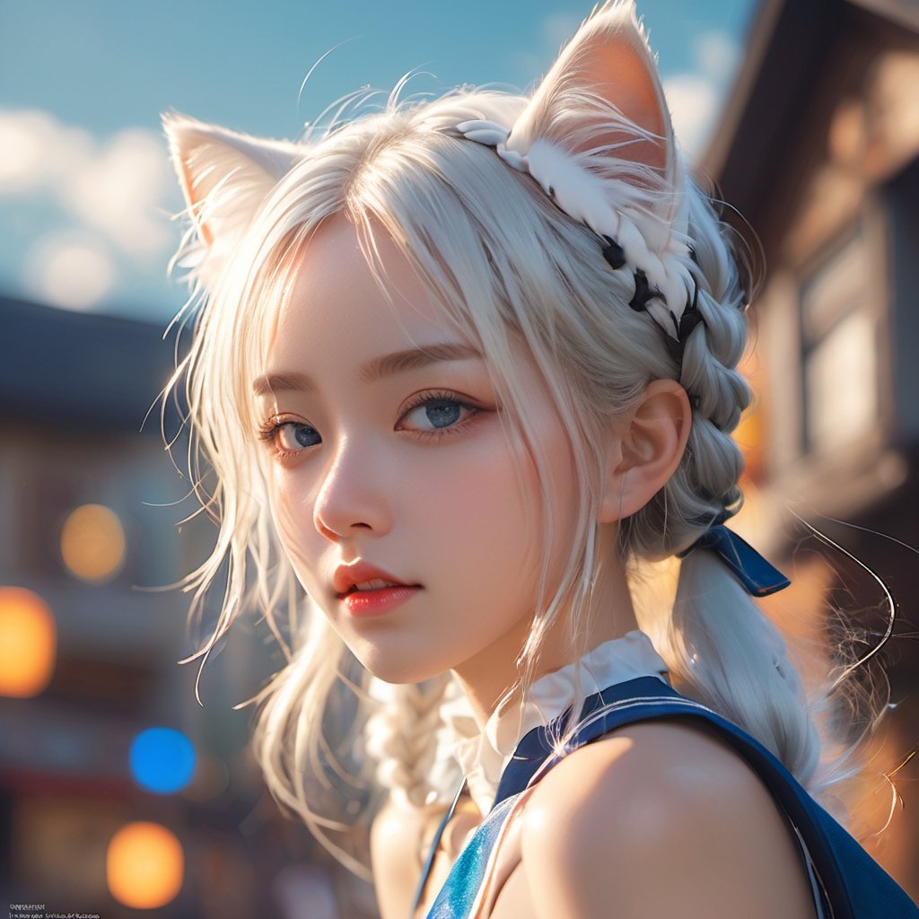 2girls, anime girl, full body, young adult body, medium chest, Hyperdetailed school background, School, 
Detailed medium white hair braid, hair braid, Cat ears, beautiful, Detailed eyes, blue eyes, Side view, torso shot from waist, Thick lineart, Anxious, Hyperdetailed natural light, detailed reflection light, 
volumetric lighting maximalist photo illustration 64k, resolution high res intricately detailed complex, 
key visual, precise lineart, vibrant, panoramic, cinematic, masterfully crafted, 64k resolution, beautiful, stunning, ultra detailed, expressive, hypermaximalist, colorful, rich deep color, vintage show promotional poster, glamour, anime art, fantasy art, brush strokes,, 16k, UHD, HDR,(Masterpiece:1.5), Absurdres, (best quality:1.5), Anime style photo, Manga style, Digital art, glow effects, Hand drawn, render,octane render, cinema 4d, blender, dark, atmospheric 4k ultra detailed, cinematic sensual, Sharp focus, hyperrealistic, big depth of field, Masterpiece, colors, 3d octane render, concept art, trending on artstation, hyperrealistic, Vivid colors,, modelshoot style, (extremely detailed CG unity 8k wallpaper), professional majestic oil painting by Ed Blinkey, Atey Ghailan, Studio Ghibli, by Jeremy Mann, Greg Manchess, Antonio Moro, trending on ArtStation, trending on CGSociety, Intricate, High Detail, Sharp focus, dramatic, photorealistic painting art,beautymix