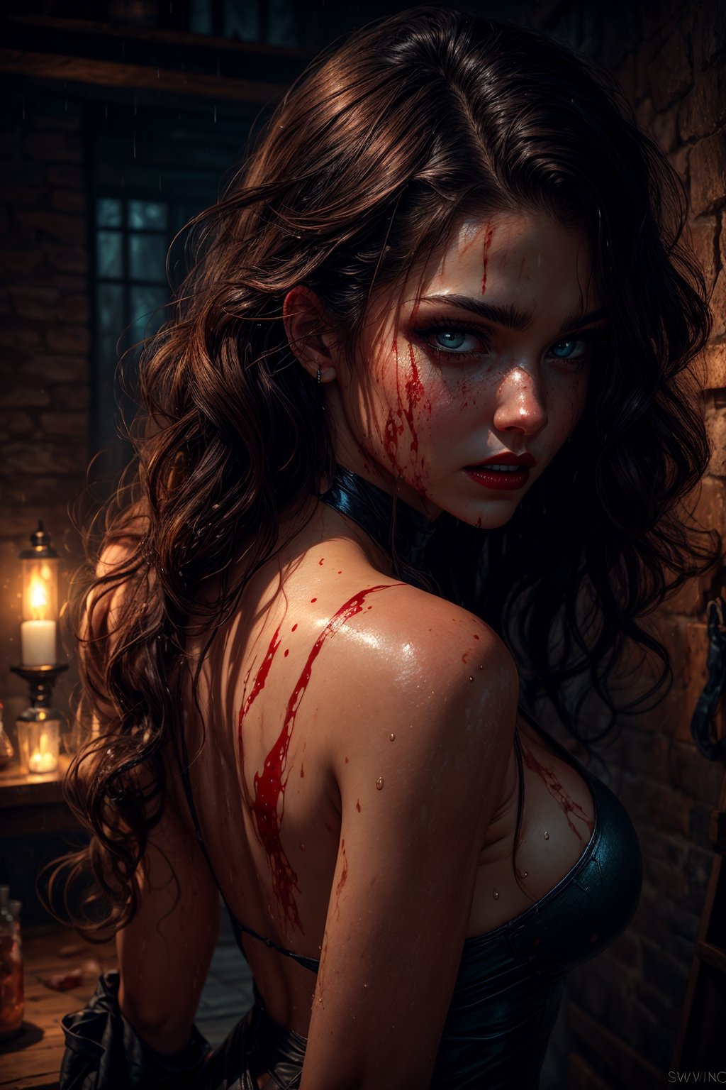 amoled ultra realistic hd photo of a female super hero, RAW,

extra long wavy brown hair, glowing, expressive face, female vampire fangs, red lips, bloody lips, blood wet, blood bath,

in a dungeon, medieval setting, rpg game scenery, tentacles, wet, raining, raining blood,

dynamic camera angle from above, from back,

(PnMakeEnh),

artwork by sweetroll