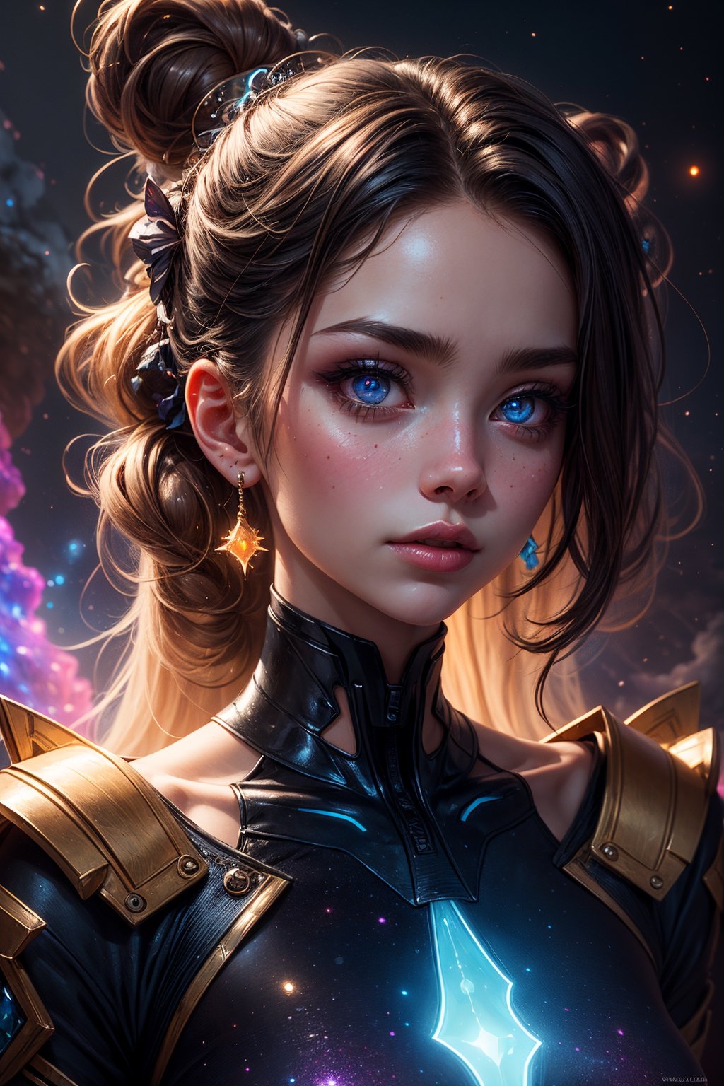 The guardian of the nebula A portrait of a girl with iridescent skin, her eyes reflecting the colors of a nearby nebula, surrounded by glowing, ethereal wisps of gas and dust, NSFW, artwork by sweetroll,