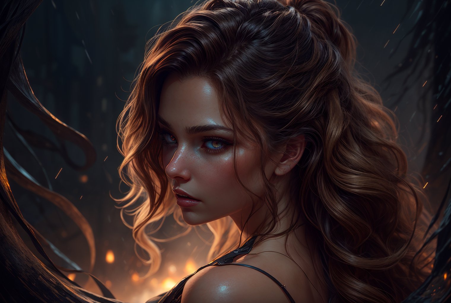 amoled ultra realistic hd photo of a female viking warrior, RAW,

extra long wavy brown hair cinematic light reflections, vampiric eyes, expressive face, tanned beige skin,

medieval background, dark, mysterious, tentacles, raining,

dynamic camera angle from above, from back,

(PnMakeEnh), Enhance,

artwork by sweetroll