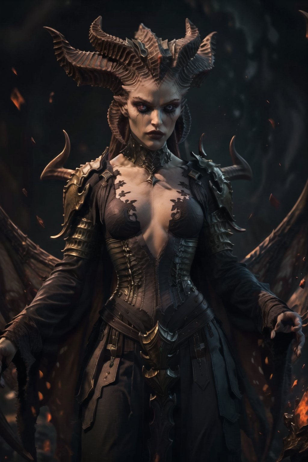 nsfw, 21yo girl, masterpiece, best quality, highres, pale skin, cowboy shot, standing, fantasy, armor, tights,  sinister look, evil cape, 1girl, perky small breast, strikers, slaanesh, horns,  colored skin, monster girl, demon girl, beautiful eyes, purple eyes,GAME_Lilith_diablo4_ownwaifu