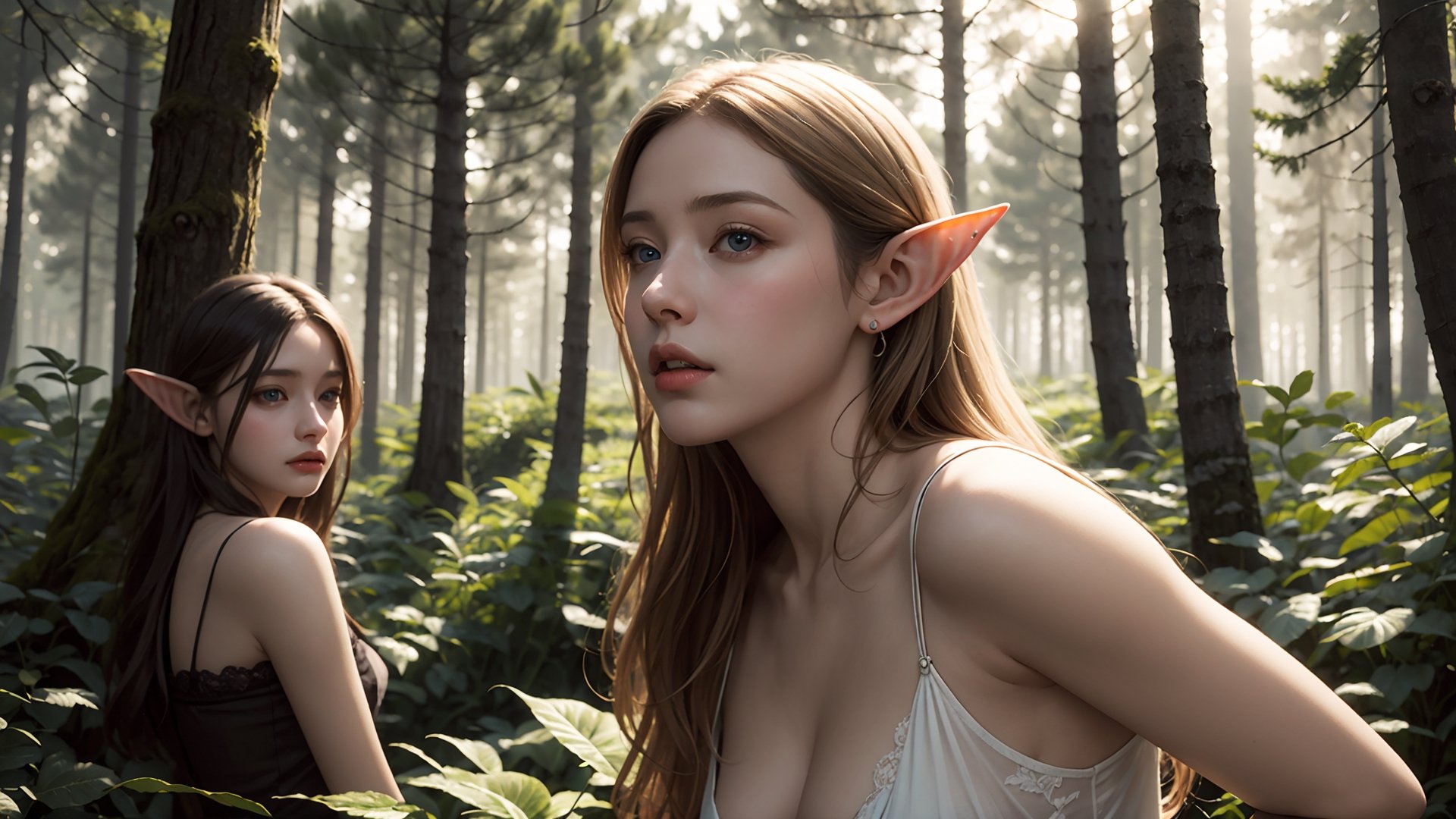 (best quality, masterpiece:1.2),ultra detailed,(photo realistic:1.4),(3 girls:1.3),forest_elf,from below,