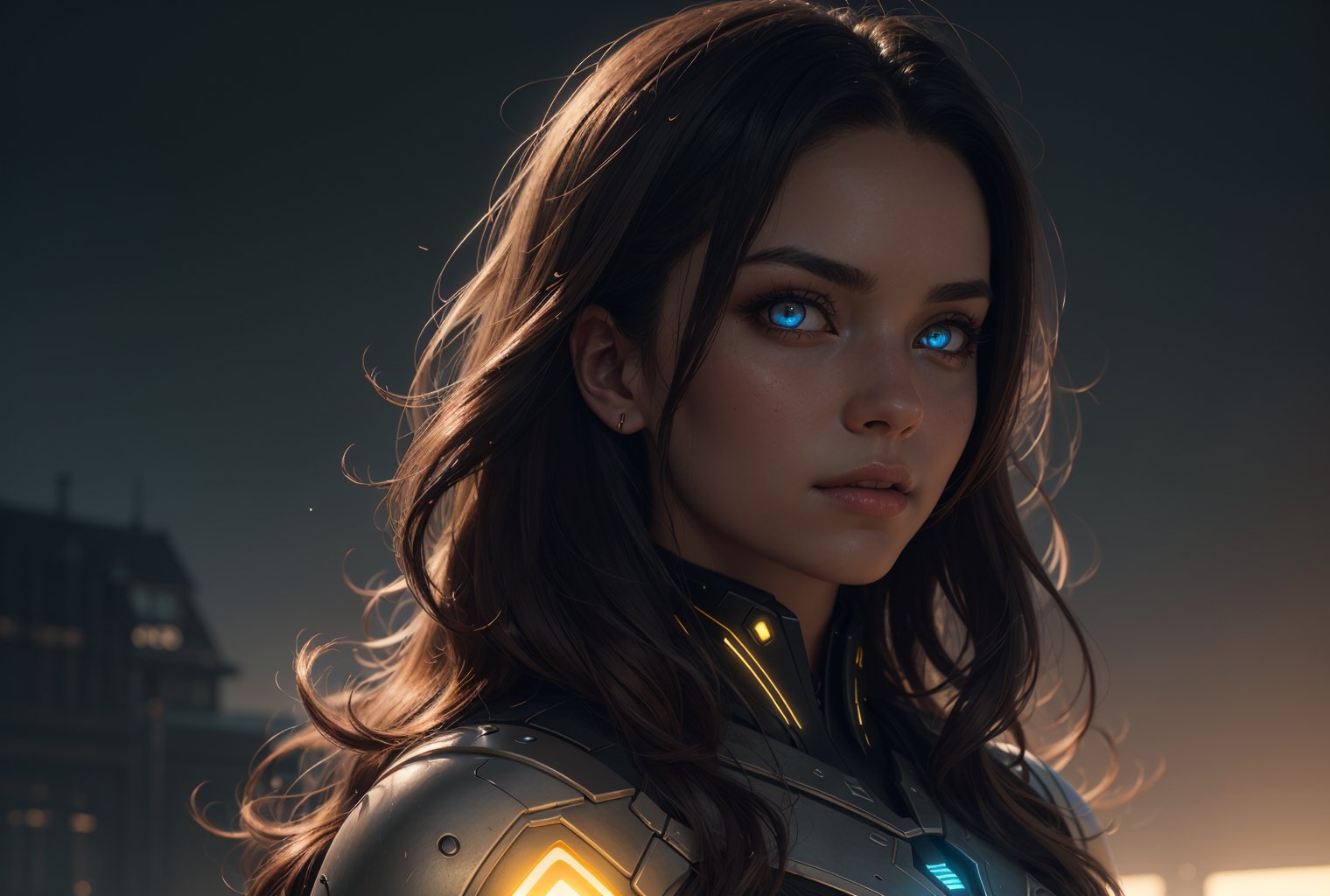 sci fi character art, cool artwork, futuristic style, in the style of 32k uhd, atey ghailan, geoff johns, dark yellow and gray, RAW,

extra long wavy brown hair, (futuristic dress, glowing dress), (detailed face, upper body:1.2), (detailed eyes, glowing eyes:1.2), expressive face, tanned beige skin,

panasonic lumix s pro 50mm f/1.4, techpunk, knightcore, futuristic, (detailed background), detailed landscape, 

masterpiece, best quality, realistic, side light, volumetric light, rich colors, dramatic lighting, (full dual colour lighting:1.2), (hard dual colour lighting:1.4), fine detail, absurdres, extremely detailed, depth of field, ((realistic lighting)) ultra highres, (masterpiece:1.2), (ultra detailed), (best quality), intricate, comprehensive cinematic, magical photography, (gradients), colorful, 

(PnMakeEnh), Enhance,

artwork by sweetroll