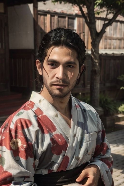 Highly detailed, High Quality, Masterpiece, beautiful, sole_male, 1boy, solo, male_focus, manly, Jetstream Sam, Half body portrait, facial hair, beard, vertical scar on face, european face, brazilian face, beautiful photography, stage photography, interesting pose, unusual head tilt, traditional japanese background, male yukata, red_yukata, haori, gaze somewhere