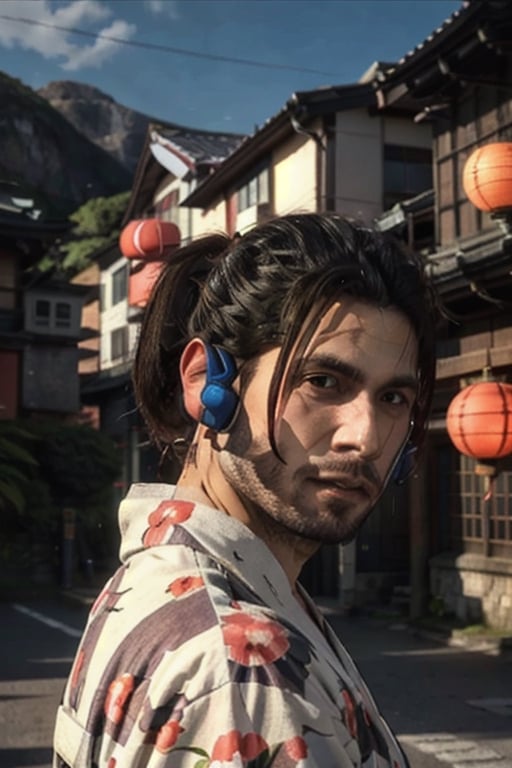 Highly detailed, High Quality, Masterpiece, beautiful, sole_male, 1boy, solo, male_focus, manly, Jetstream Sam, Half body portrait, facial hair, beard, vertical scar on face, european face, brazilian face, ponytail, beautiful photography, professional photography, interesting pose, unusual head tilt, traditional japanese background, male yukata, red_yukata, haori, gaze away, videogame screenshot, volumetric light, gorgeous light, colorful paper kites and japanese paper lanterns around