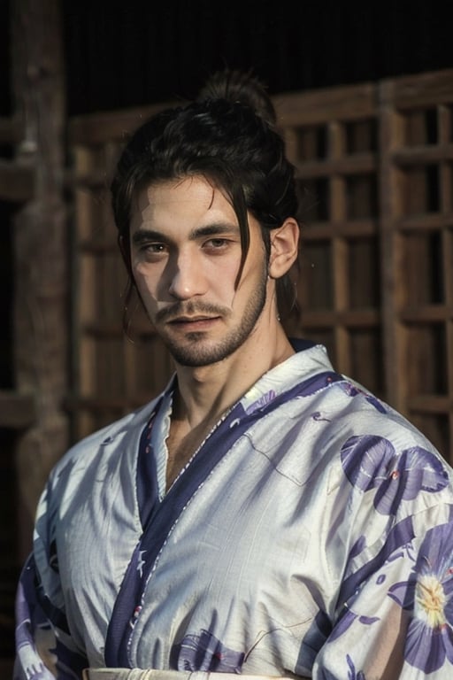 Highly detailed, High Quality, Masterpiece, beautiful, sole_male, 1boy, solo, male_focus, manly, Jetstream Sam, Half body portrait, facial hair, beard, vertical scar on face, european face, brazilian face, beautiful photography, stage photography, interesting pose, unusual head tilt, traditional japanese background, yukata, furisode, red_yukata, haori, gaze somewhere