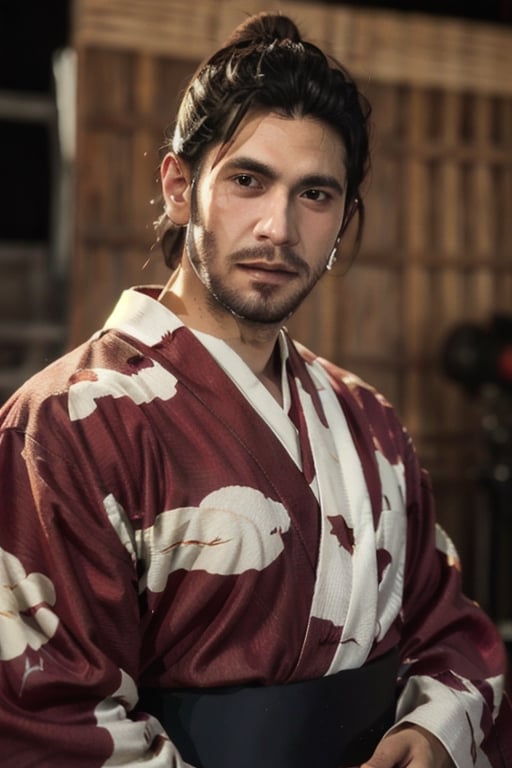 Highly detailed, High Quality, Masterpiece, beautiful, sole_male, 1boy, solo, male_focus, manly, Jetstream Sam, Half body portrait, facial hair, beard, vertical scar on face, european face, brazilian face, beautiful photography, stage photography, interesting pose, unusual head tilt, traditional japanese background, yukata, furisode, red_yukata, haori