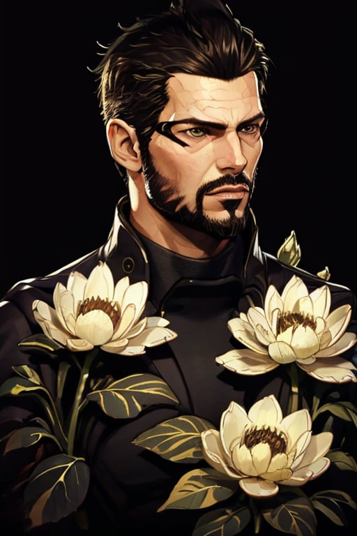 Adam Jensen enveloped in a thick wall of flowers. Upper body portrait. Black or dark background. Looking away from camera. Slightly colder pallete, colder filter.

Masterpiece, photorealistic, golden eyes, jensenDX,

overlooking, documentary,

Zhostovo painting, black theme